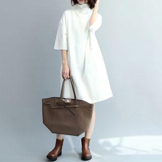 Elbow-sleeve Turtleneck Shift Dress