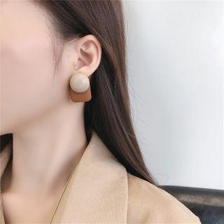 Faux Leather Geometric Stud Earring 1 Pair - 925 Silver Earring - Beige & Khaki - One Size