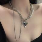 Layered Heart Pendant Faux Pearl Choker Silver - One Size