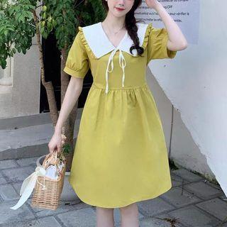 Puff-sleeve Peter Pan Collar Midi A-line Dress