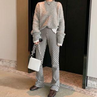 Plain Sweater / Long-sleeve Plain T-shirt / Striped Boot-cut Pants