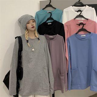 Front Pocket Long-sleeve Plain T-shirt