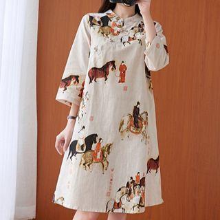 Printed Mandarin Collar 3/4-sleeve A-line Dress