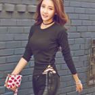 Long-sleeve Side-tie Ribbed T-shirt
