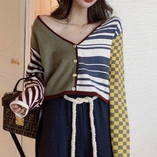 Long-sleeve Buttoned Paneled Knit Top / Wide-leg Pants