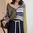Long-sleeve Buttoned Paneled Knit Top / Wide-leg Pants