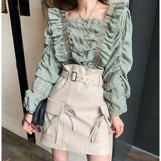 Frill Trim Top / Faux Leather Mini Skirt