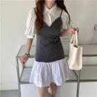 Puff-sleeve Plain Blouse / Two-tone Overall Dress