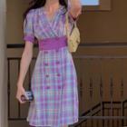 Puff-sleeve V-neck Two-tone Plaid Dress