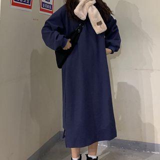 Long-sleeve Plain Dress Blue - One Size