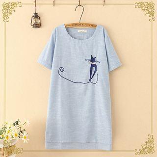 Cat Embroidered Striped Short-sleeve Dress