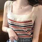 Striped Short-sleeve / Wide-strap Knit Top