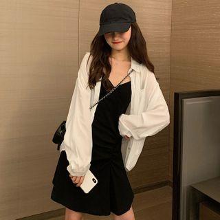 Long-sleeve Plain Shirt / Spaghetti Strap Mini A-line Dress
