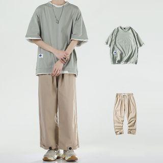 Set: Mock Two-piece Elbow-sleeve T-shirt + Straight-cut Pants