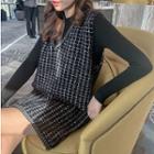 Set: Long-sleeve Plain Top + Sleeveless Mini Knit Dress