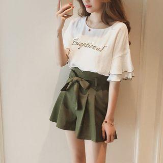 Set: Short-sleeve Letter Print T-shirt + High-waist Shorts