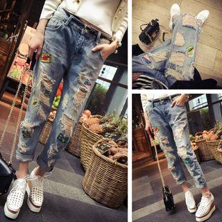 Applique Ripped Washed Jeans