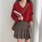 V-neck Sweater / Mini Plaid Pleated Skirt