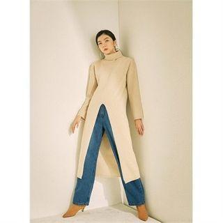 Turtle-neck Slit-front Long Knit Top Beige - One Size