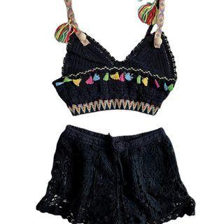 Tasseled Knit Camisole Top / Lace Shorts / Lace Cardigan