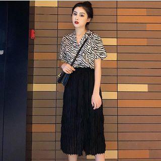 Short-sleeve Zebra Print Shirt / Midi Skirt