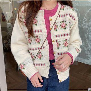 Ruffle Trim T-shirt / Floral Jacquard Knit Cardigan