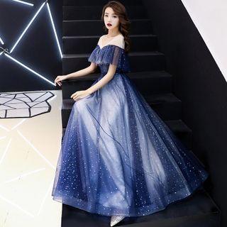 Short-sleeve Glittered Mesh Evening Gown