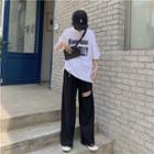 Lettering Ripped Elbow-sleeve T-shirt / Ripped Wide Leg Pants