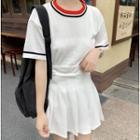 Contrast-trim Short-sleeve T-shirt / Pleated Mini Skirt