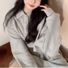 Plain Polo Collar Cropped Sweatshirt / High-waist Plain Dress