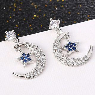 925 Sterling Silver Rhinestone Moon And Star Drop Earring 1 Pair - 925 Sterling Silver Rhinestone Moon & Star Dangle Earring - Silver - One Size