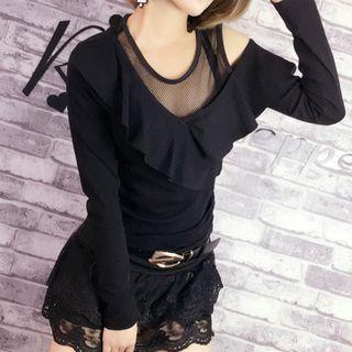 Mesh Panel Ruffle Trim Cut Out Shoulder Long Sleeve Top