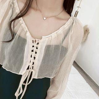 Long-sleeve Lace-up Chiffon Top Almond - One Size