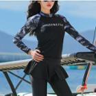 Set Of 4: Long-sleeve Floral Panel Rash Guard + Swim Bottom + Swim Skirt + Pants