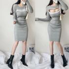 Zipper Rib Knit Sheath Dress Gray - One Size
