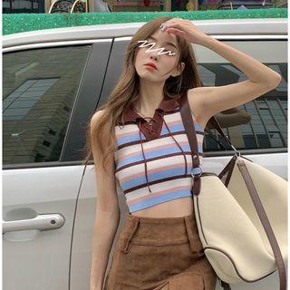 Sleeveless Striped Top Stripes - Blue & White & Pink & Brown - One Size