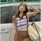 Sleeveless Striped Top Stripes - Blue & White & Pink & Brown - One Size
