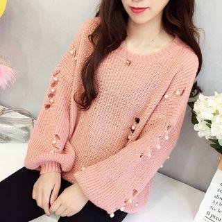 Faux Pearl Accent Rip Sweater