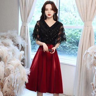 Elbow-sleeve Fringed Two Tone A-line Evening Dress