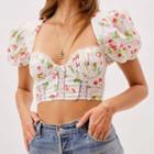 Puff Sleeve Floral Print Lace-panel Crop Top