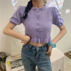 Short-sleeve Frill Trim Button-up Knit Crop Top