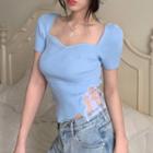 Short-sleeve Cropped Knit Top Blue - One Size