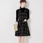 Long-sleeve Knit Top / Tweed A-line Overall Dress / Set