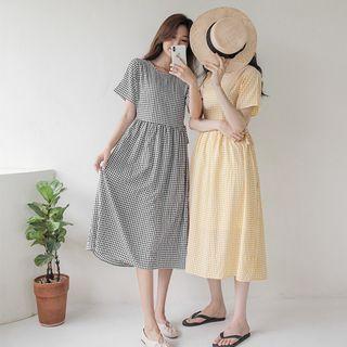 Tie-side Long Gingham Dress