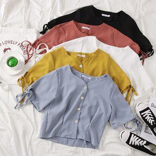 Collarless Tie-cuff Crop Shirt