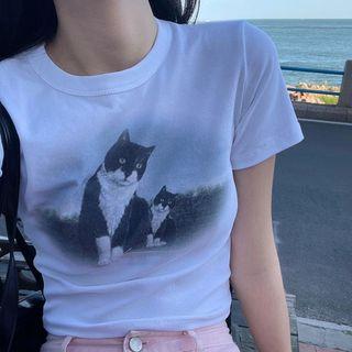 Cat Print Cropped T-shirt