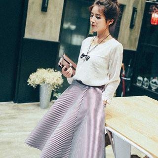Set: Long-sleeve Top + Stripe Midi Skirt