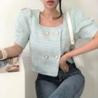 Puff-sleeve Double-breasted Plaid Blouse