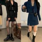 Crop Denim Jacket / Denim Slim-fit Sleeveless Dress / Print Mock-neck Sheer Top