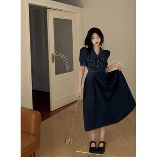 Puff-sleeve Collar Denim Midi A-line Dress Dark Blue - One Size